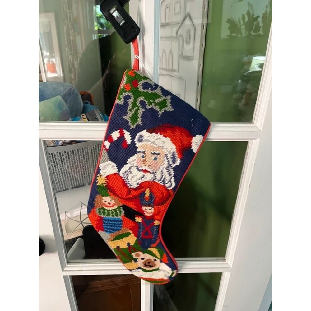 Vintage Handmade Cross Stitch Needlepoint Christmas Stocking